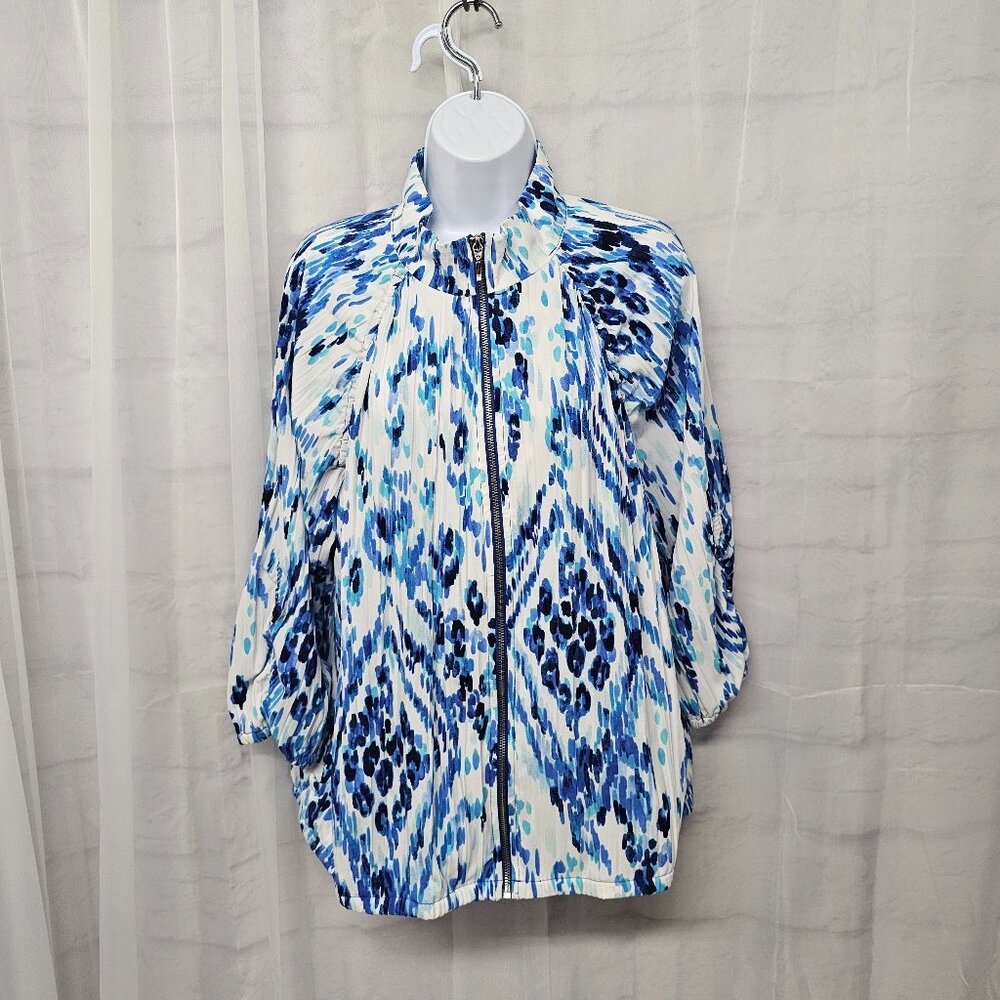 Chico's Zenergy Blue Zip Jacket Bomber Aztec Boho Pleated Grunge 2 (L)